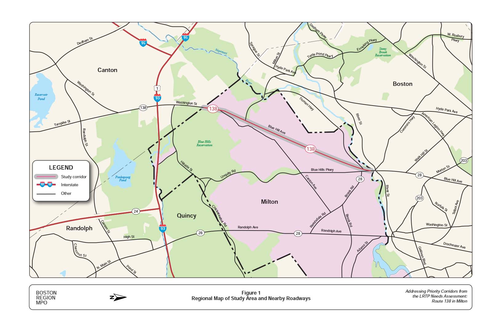 Figure 1 is a map of the study area, Route 138 in Milton and surrounding roadways.